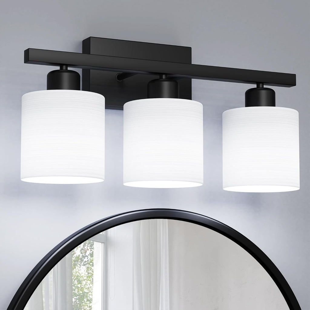 PARTPHONER Bathroom Light Fixtures, Bathroom Lighting Fixtures Over Mirror, Classic Vanity Lights, Modern Bathroom Vanity Light with Textured Frosted Opal White Glass Shades, Brushed Nickel, 3-Light - Grand Goldman