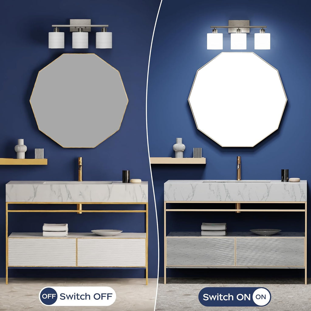 PARTPHONER Bathroom Light Fixtures, Bathroom Lighting Fixtures Over Mirror, Classic Vanity Lights, Modern Bathroom Vanity Light with Textured Frosted Opal White Glass Shades, Brushed Nickel, 3-Light - Grand Goldman