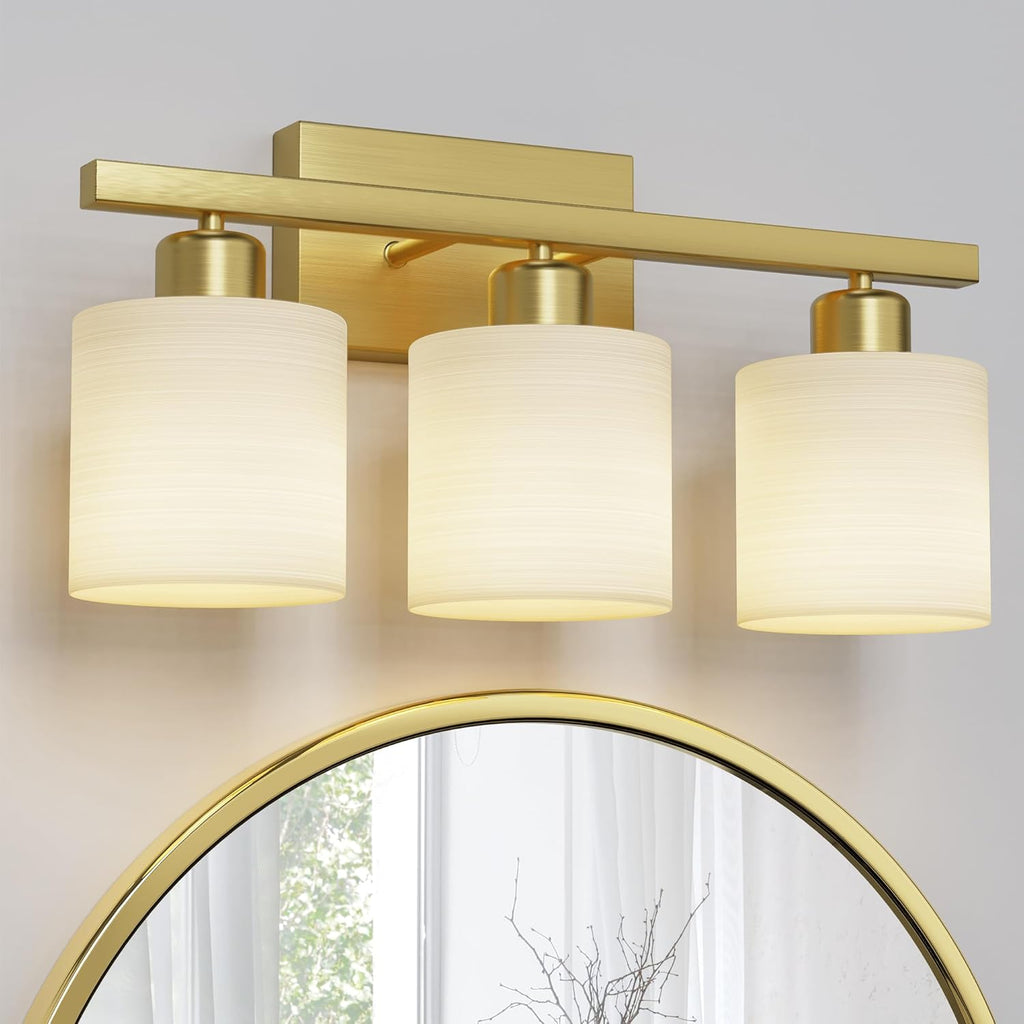 PARTPHONER Bathroom Light Fixtures, Bathroom Lighting Fixtures Over Mirror, Classic Vanity Lights, Modern Bathroom Vanity Light with Textured Frosted Opal White Glass Shades, Brushed Nickel, 3-Light - Grand Goldman