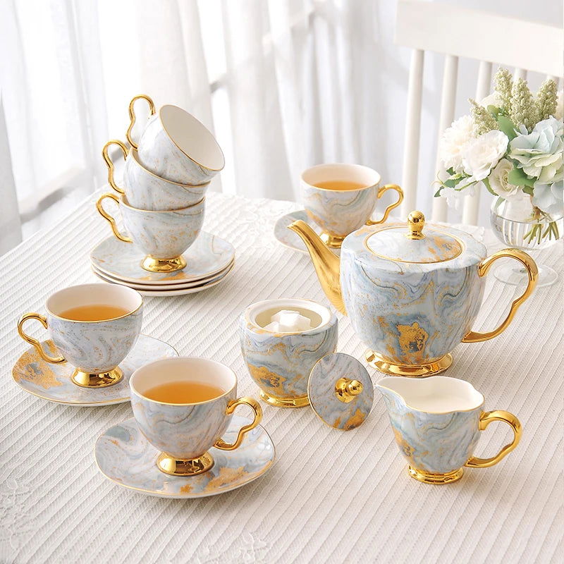 PASTEL European Light Luxury Bone China Coffee Cup and Saucer Set British Ceramic Flower Tea High-End Coffeeware White Blue Marble Afternoon Teaware for Home Living Room High-end Birthday Valentines Mother Father Day Friend Gift - Grand Goldman