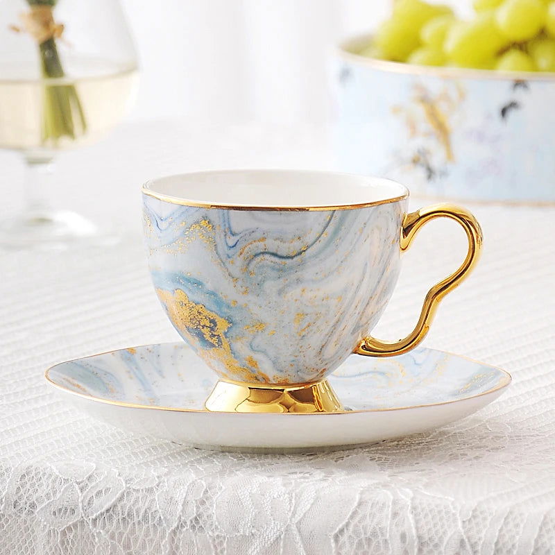 PASTEL European Light Luxury Bone China Coffee Cup and Saucer Set British Ceramic Flower Tea High-End Coffeeware White Blue Marble Afternoon Teaware for Home Living Room High-end Birthday Valentines Mother Father Day Friend Gift - Grand Goldman