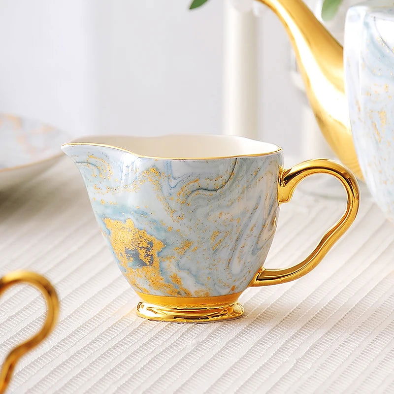 PASTEL European Light Luxury Bone China Coffee Cup and Saucer Set British Ceramic Flower Tea High-End Coffeeware White Blue Marble Afternoon Teaware for Home Living Room High-end Birthday Valentines Mother Father Day Friend Gift - Grand Goldman