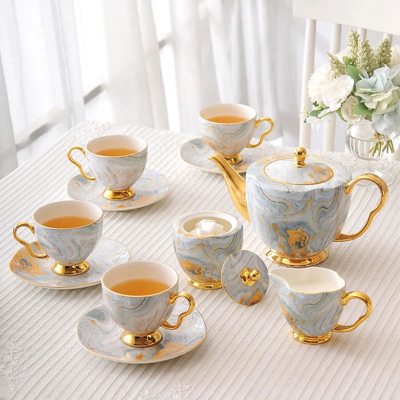 PASTEL European Light Luxury Bone China Coffee Cup and Saucer Set British Ceramic Flower Tea High-End Coffeeware White Blue Marble Afternoon Teaware for Home Living Room High-end Birthday Valentines Mother Father Day Friend Gift - Grand Goldman