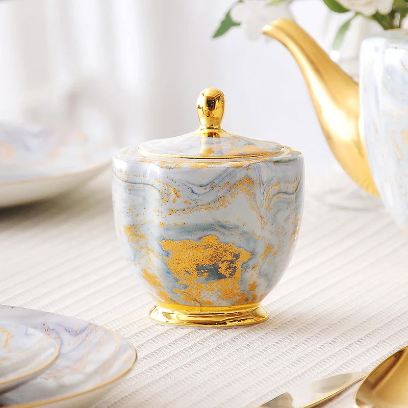 PASTEL European Light Luxury Bone China Coffee Cup and Saucer Set British Ceramic Flower Tea High-End Coffeeware White Blue Marble Afternoon Teaware for Home Living Room High-end Birthday Valentines Mother Father Day Friend Gift - Grand Goldman