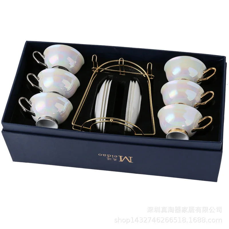 PEARL Elegant Exquisite Bone China Coffee Cups for Couples Golden Galaxy Tea Set Victorian Style 200ml Gray/Gold Handles Luxury Ceramic Coffee/Tea Mugs Saucers Gift Box Packaging for Special Occasions - Grand Goldman