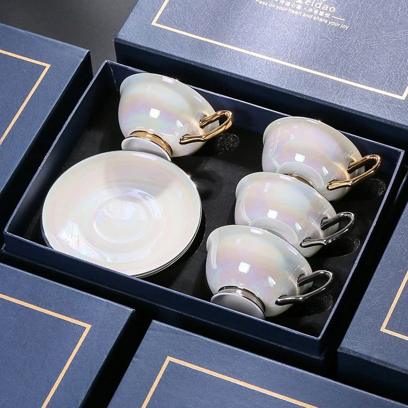 PEARL Elegant Exquisite Bone China Coffee Cups for Couples Golden Galaxy Tea Set Victorian Style 200ml Gray/Gold Handles Luxury Ceramic Coffee/Tea Mugs Saucers Gift Box Packaging for Special Occasions - Grand Goldman
