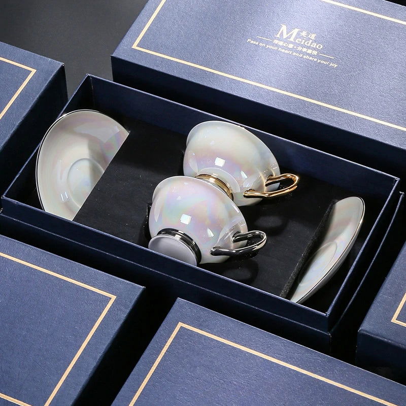 PEARL Elegant Exquisite Bone China Coffee Cups for Couples Golden Galaxy Tea Set Victorian Style 200ml Gray/Gold Handles Luxury Ceramic Coffee/Tea Mugs Saucers Gift Box Packaging for Special Occasions - Grand Goldman