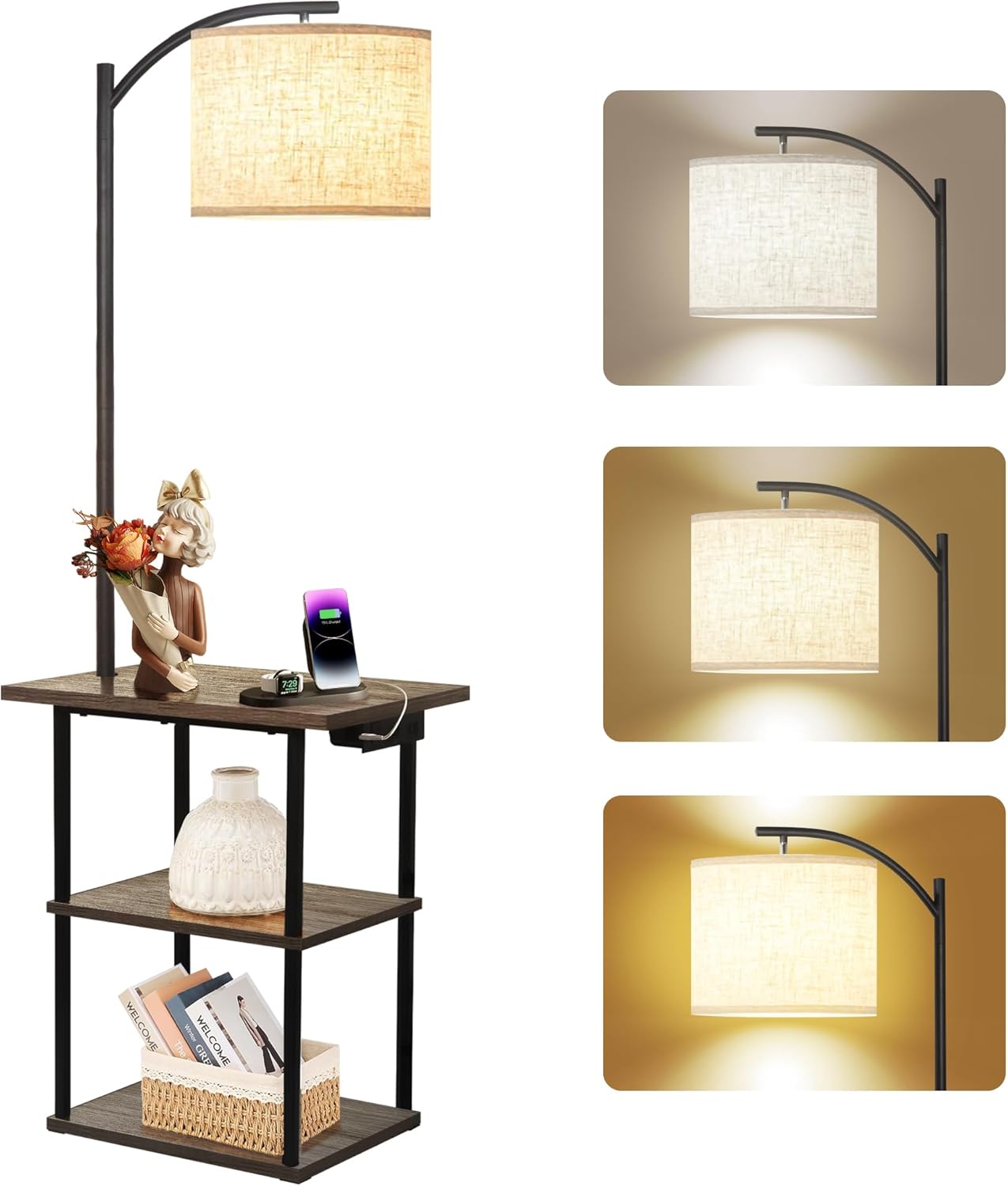 PESRAE Floor Lamp with Table, End Table with Charging Station(USB & Type-C & AC Port), 3 Color Temperatures 9W LED Bulb, Modern Shelves Side Table for Bedroom, Living Room - Grand Goldman