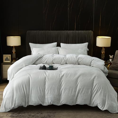 PHF Truly Velvet Duvet Cover Set Queen Size, 3pcs Ultra Soft Breathable Comforter Cover Set, Luxury Cozy Flannel Duvet Cover with Pillow Shams Bedding Collection, 90" x 90", Dark Grey - Grand Goldman