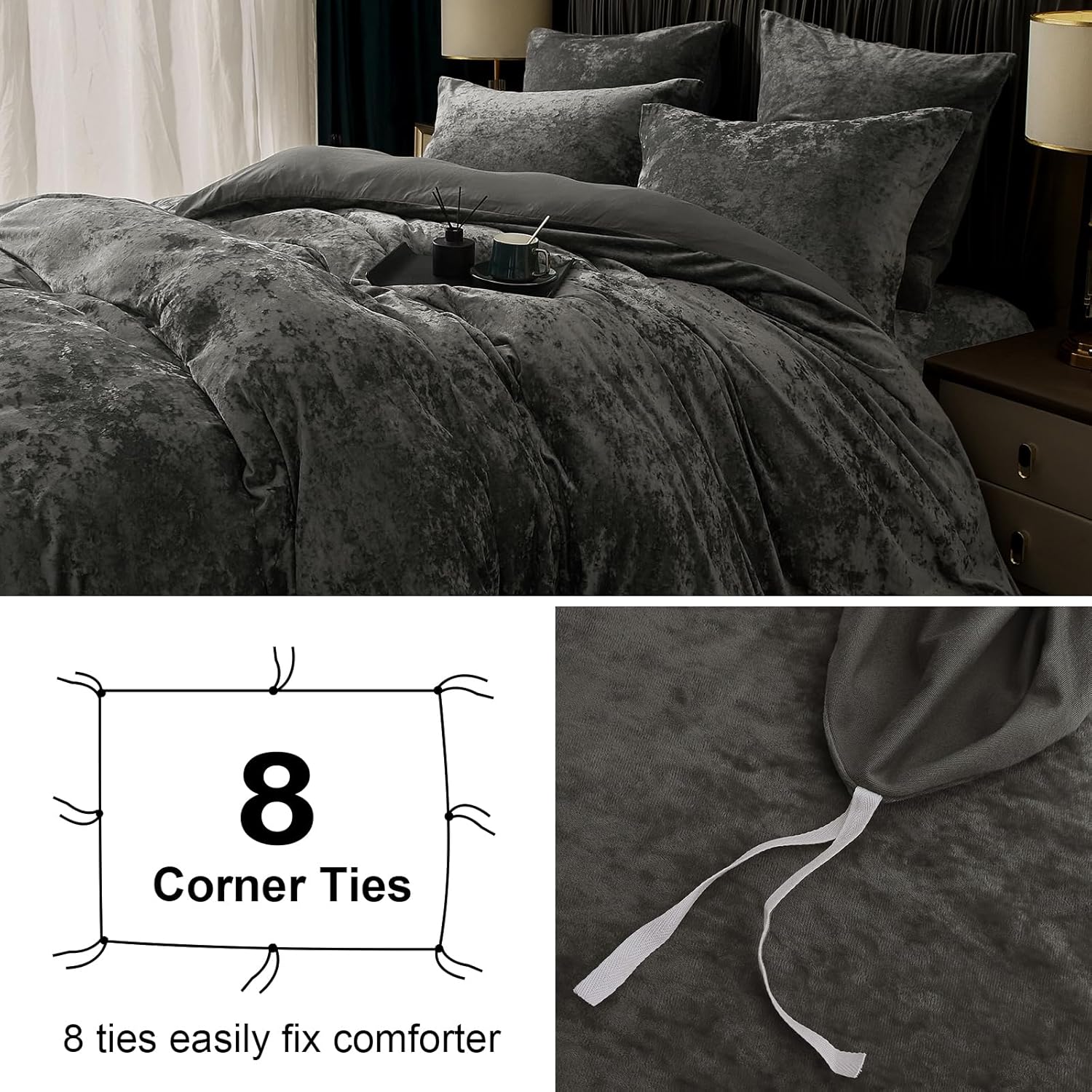 PHF Truly Velvet Duvet Cover Set Queen Size, 3pcs Ultra Soft Breathable Comforter Cover Set, Luxury Cozy Flannel Duvet Cover with Pillow Shams Bedding Collection, 90" x 90", Dark Grey - Grand Goldman