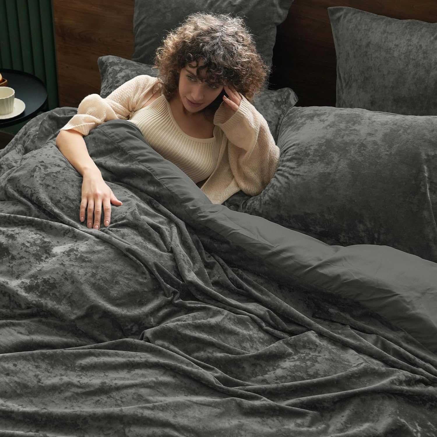 PHF Truly Velvet Duvet Cover Set Queen Size, 3pcs Ultra Soft Breathable Comforter Cover Set, Luxury Cozy Flannel Duvet Cover with Pillow Shams Bedding Collection, 90" x 90", Dark Grey - Grand Goldman