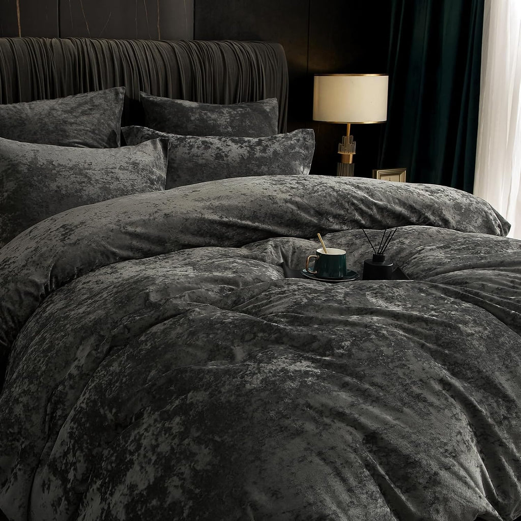 PHF Truly Velvet Duvet Cover Set Queen Size, 3pcs Ultra Soft Breathable Comforter Cover Set, Luxury Cozy Flannel Duvet Cover with Pillow Shams Bedding Collection, 90" x 90", Dark Grey - Grand Goldman