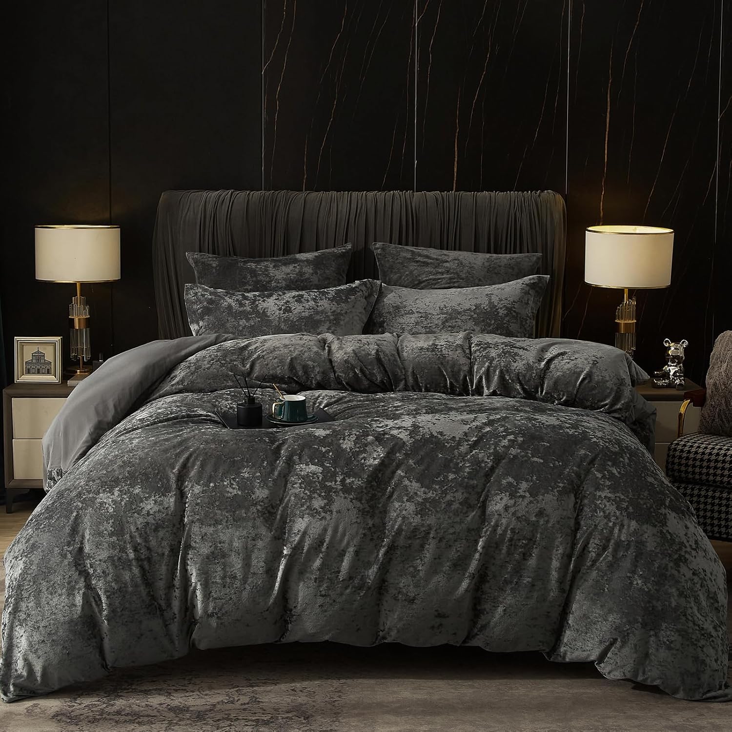 PHF Truly Velvet Duvet Cover Set Queen Size, 3pcs Ultra Soft Breathable Comforter Cover Set, Luxury Cozy Flannel Duvet Cover with Pillow Shams Bedding Collection, 90" x 90", Dark Grey - Grand Goldman