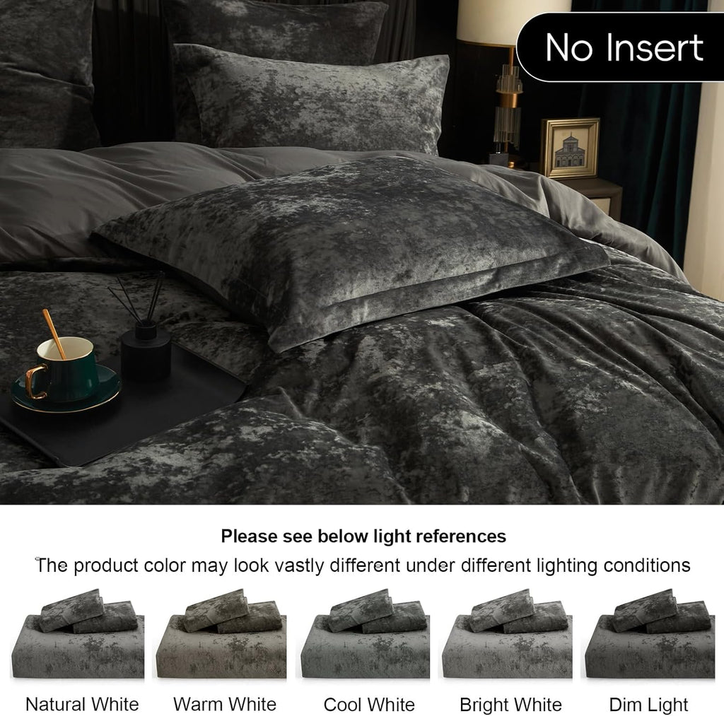 PHF Truly Velvet Duvet Cover Set Queen Size, 3pcs Ultra Soft Breathable Comforter Cover Set, Luxury Cozy Flannel Duvet Cover with Pillow Shams Bedding Collection, 90" x 90", Dark Grey - Grand Goldman