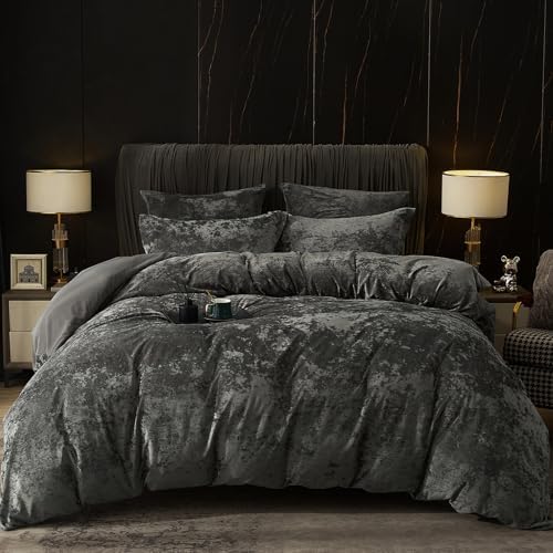 PHF Truly Velvet Duvet Cover Set Queen Size, 3pcs Ultra Soft Breathable Comforter Cover Set, Luxury Cozy Flannel Duvet Cover with Pillow Shams Bedding Collection, 90" x 90", Dark Grey - Grand Goldman