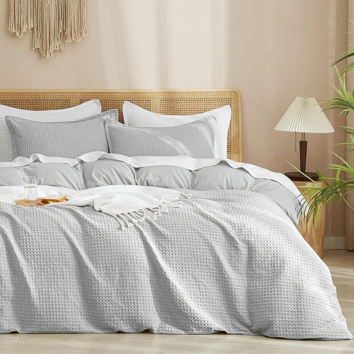 PHF Waffle Weave Duvet Cover Set Queen Size, 3 Piece Ultra Soft Breathable Durable Comforter Cover for All Season, Waffle Textured Duvet Cover with 2 Pillow Shams Bedding Collection, 90"x90", White - Grand Goldman