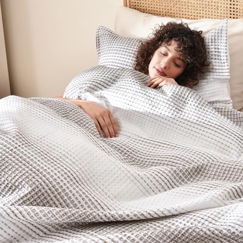 PHF Waffle Weave Duvet Cover Set Queen Size, 3 Piece Ultra Soft Breathable Durable Comforter Cover for All Season, Waffle Textured Duvet Cover with 2 Pillow Shams Bedding Collection, 90"x90", White - Grand Goldman