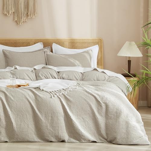 PHF Waffle Weave Duvet Cover Set Queen Size, 3 Piece Ultra Soft Breathable Durable Comforter Cover for All Season, Waffle Textured Duvet Cover with 2 Pillow Shams Bedding Collection, 90"x90", White - Grand Goldman
