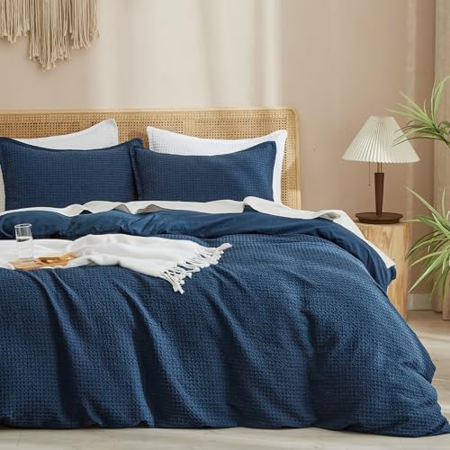 PHF Waffle Weave Duvet Cover Set Queen Size, 3 Piece Ultra Soft Breathable Durable Comforter Cover for All Season, Waffle Textured Duvet Cover with 2 Pillow Shams Bedding Collection, 90"x90", White - Grand Goldman