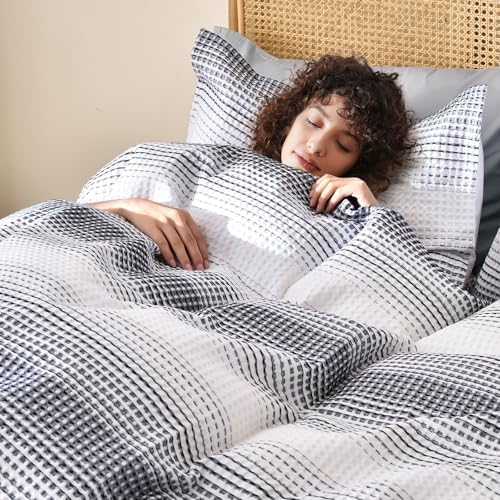 PHF Waffle Weave Duvet Cover Set Queen Size, 3 Piece Ultra Soft Breathable Durable Comforter Cover for All Season, Waffle Textured Duvet Cover with 2 Pillow Shams Bedding Collection, 90"x90", White - Grand Goldman