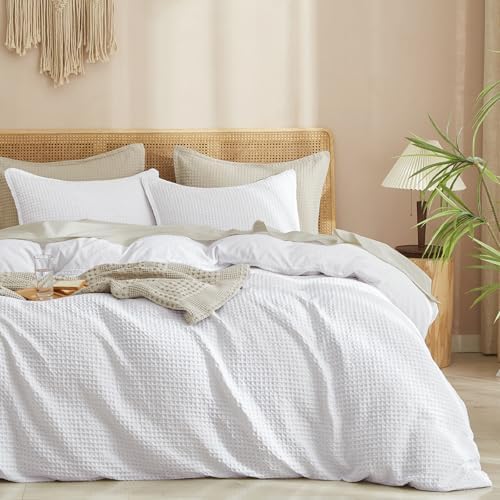 PHF Waffle Weave Duvet Cover Set Queen Size, 3 Piece Ultra Soft Breathable Durable Comforter Cover for All Season, Waffle Textured Duvet Cover with 2 Pillow Shams Bedding Collection, 90"x90", White - Grand Goldman