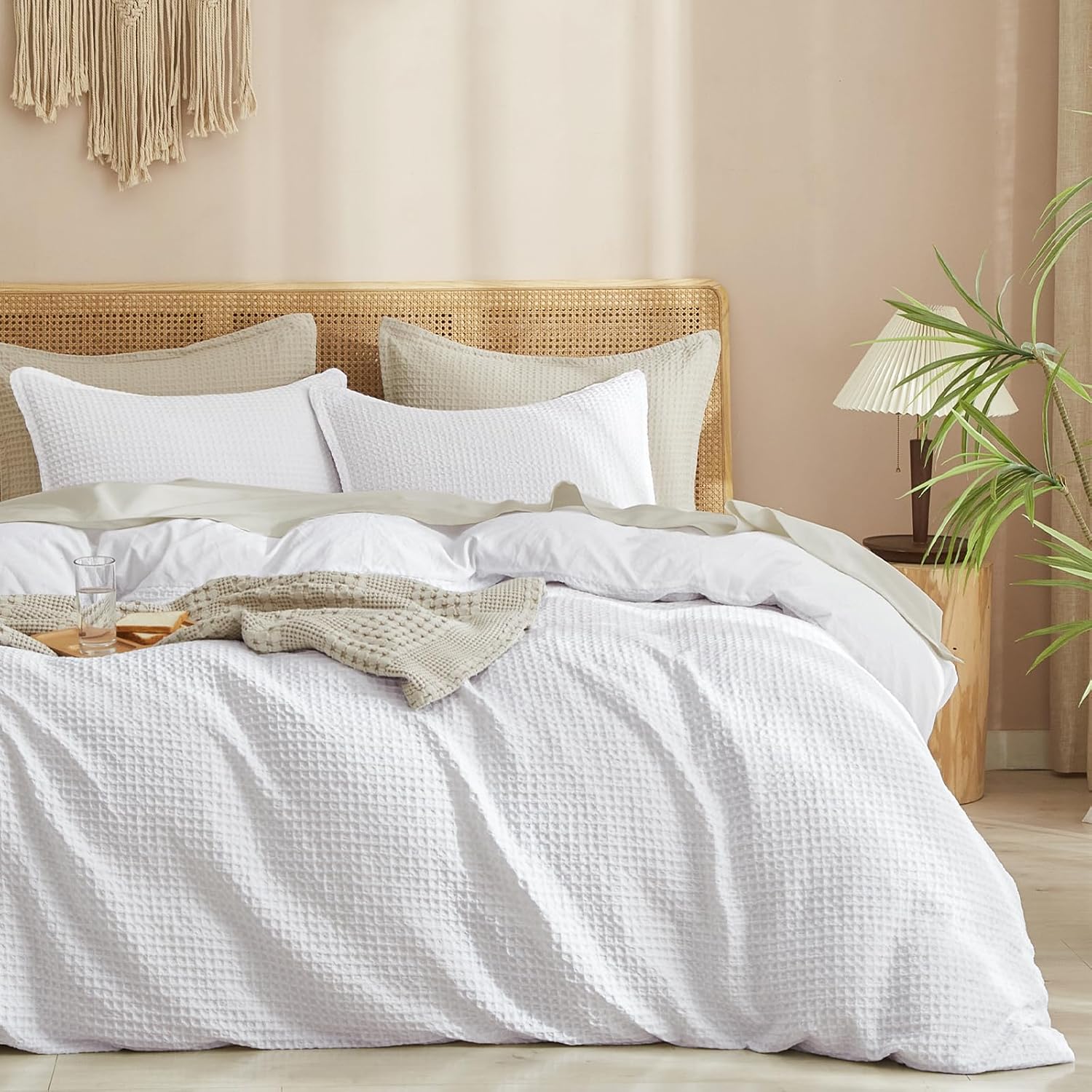 PHF Waffle Weave Duvet Cover Set Queen Size, 3 Piece Ultra Soft Breathable Durable Comforter Cover for All Season, Waffle Textured Duvet Cover with 2 Pillow Shams Bedding Collection, 90"x90", White - Grand Goldman