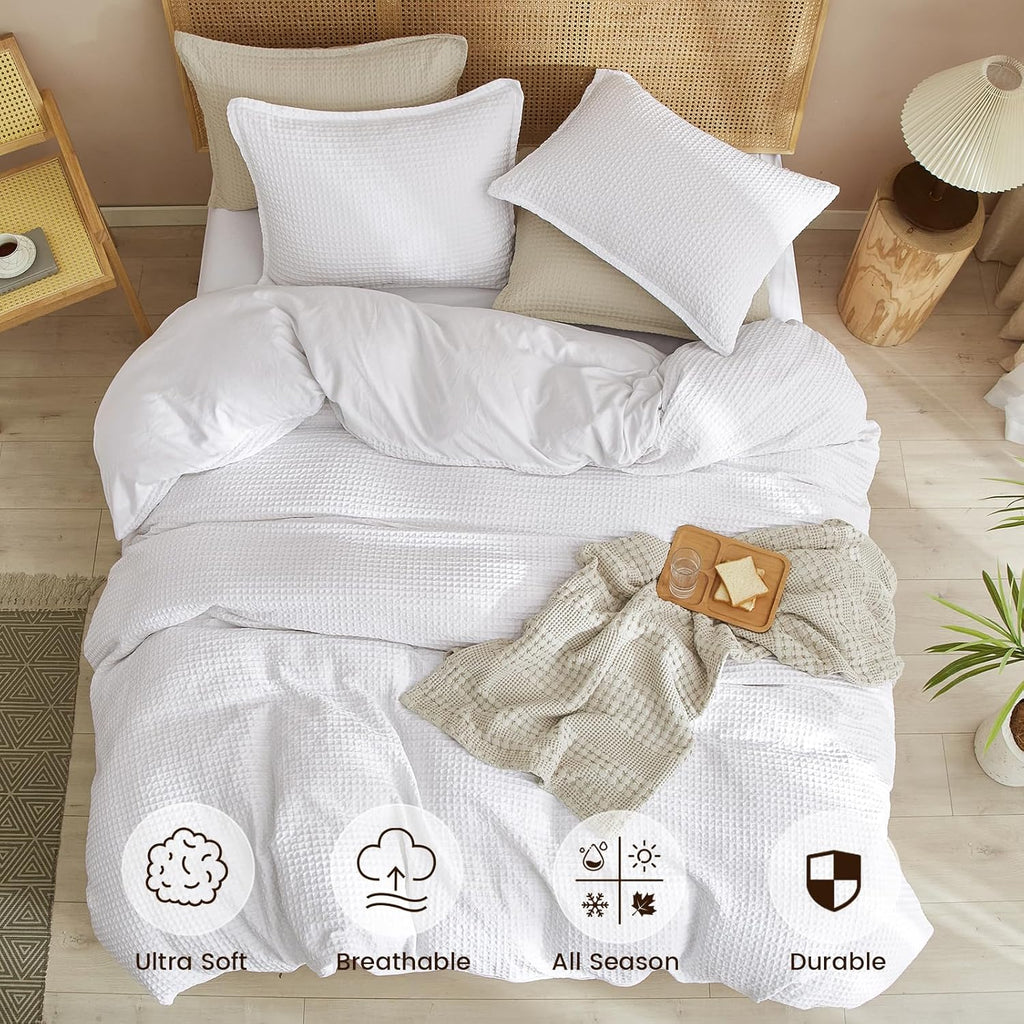 PHF Waffle Weave Duvet Cover Set Queen Size, 3 Piece Ultra Soft Breathable Durable Comforter Cover for All Season, Waffle Textured Duvet Cover with 2 Pillow Shams Bedding Collection, 90"x90", White - Grand Goldman