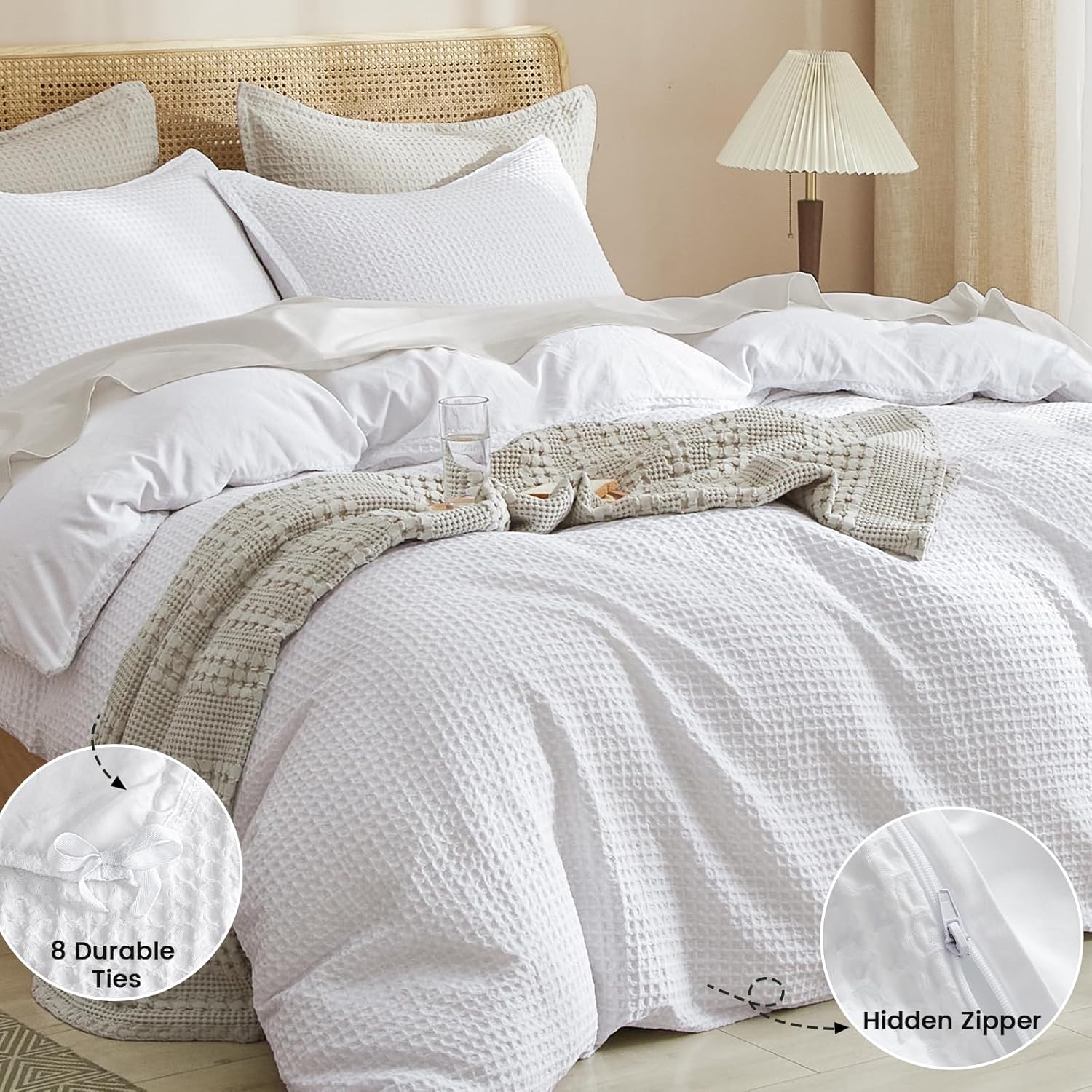 PHF Waffle Weave Duvet Cover Set Queen Size, 3 Piece Ultra Soft Breathable Durable Comforter Cover for All Season, Waffle Textured Duvet Cover with 2 Pillow Shams Bedding Collection, 90"x90", White - Grand Goldman