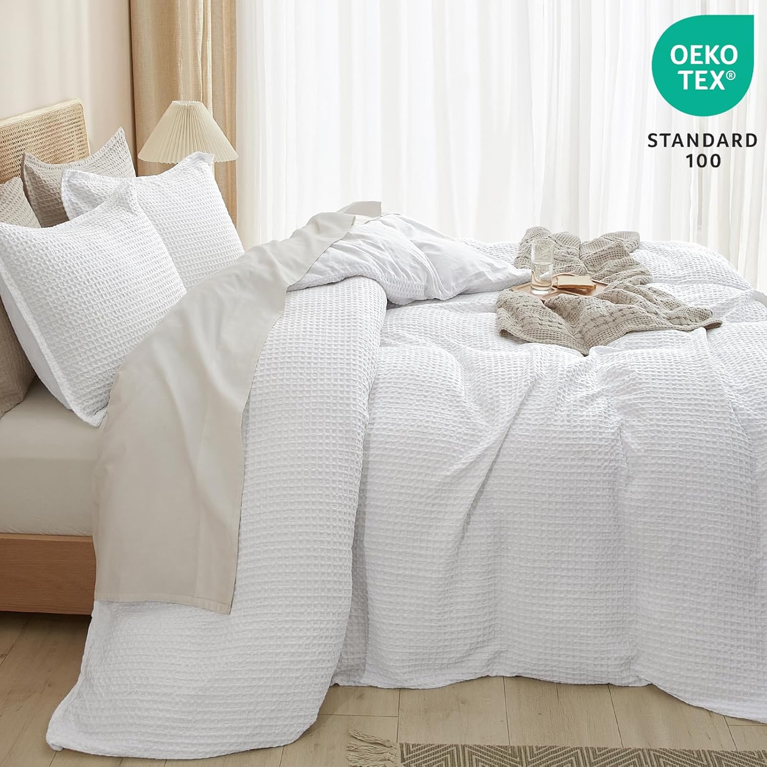 PHF Waffle Weave Duvet Cover Set Queen Size, 3 Piece Ultra Soft Breathable Durable Comforter Cover for All Season, Waffle Textured Duvet Cover with 2 Pillow Shams Bedding Collection, 90"x90", White - Grand Goldman