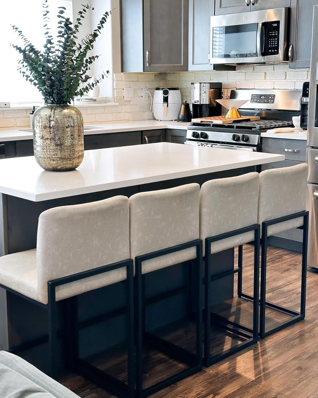 PHI VILLA Black Bar Stools Set of 4 - Counter Height 24'' Bar Stool Pu Leather Kitchen Modern Bar Chairs, Bar Stools with Back - Grand Goldman