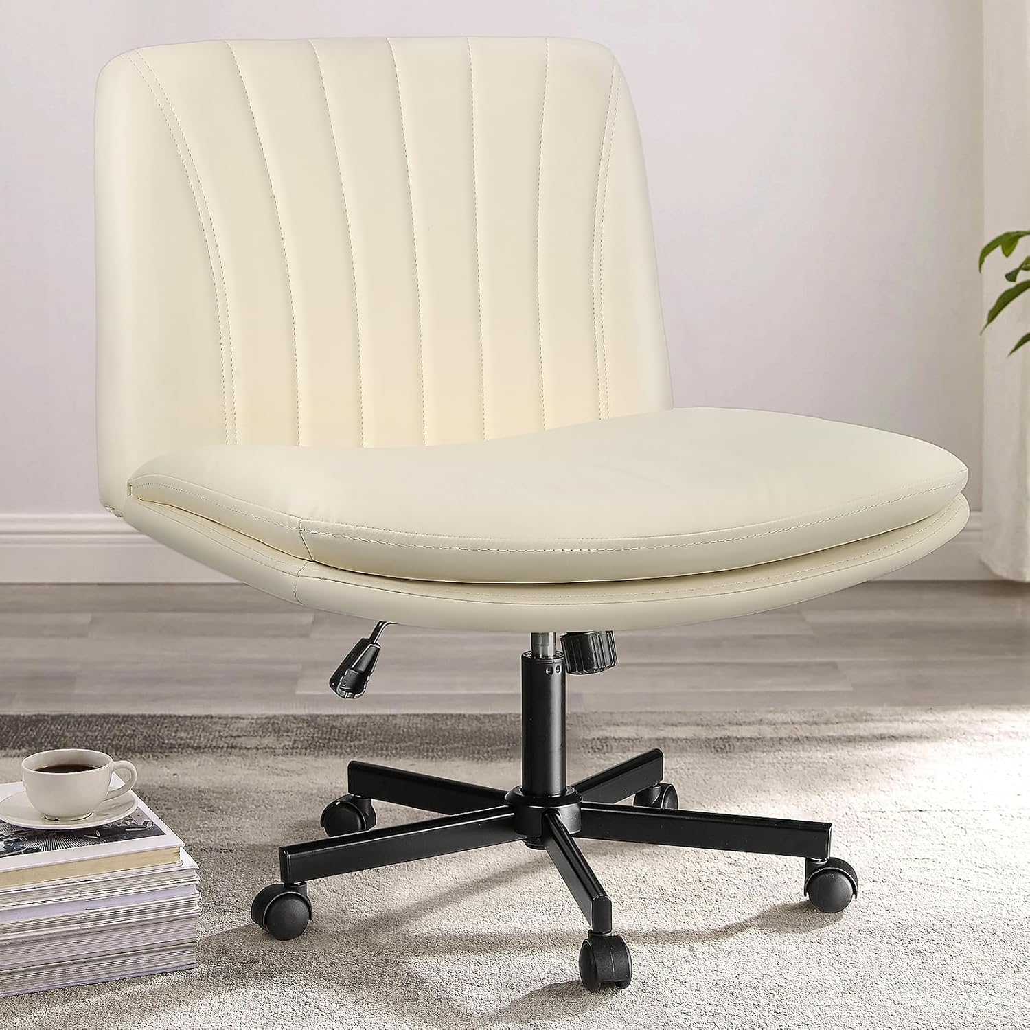 PUKAMI Criss Cross Chair,Comfy Cross Legged Office Desk Chair No Wheels,Cute Makeup Vanity Chair,Fabric Modern Swivel Height Adjustable Mid Back Wide Seat Computer Task Chair for Home Office(Beige) - Grand Goldman