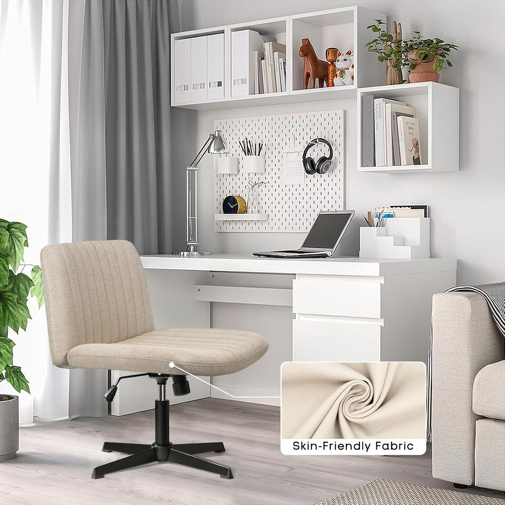 PUKAMI Criss Cross Chair,Comfy Cross Legged Office Desk Chair No Wheels,Cute Makeup Vanity Chair,Fabric Modern Swivel Height Adjustable Mid Back Wide Seat Computer Task Chair for Home Office(Beige) - Grand Goldman