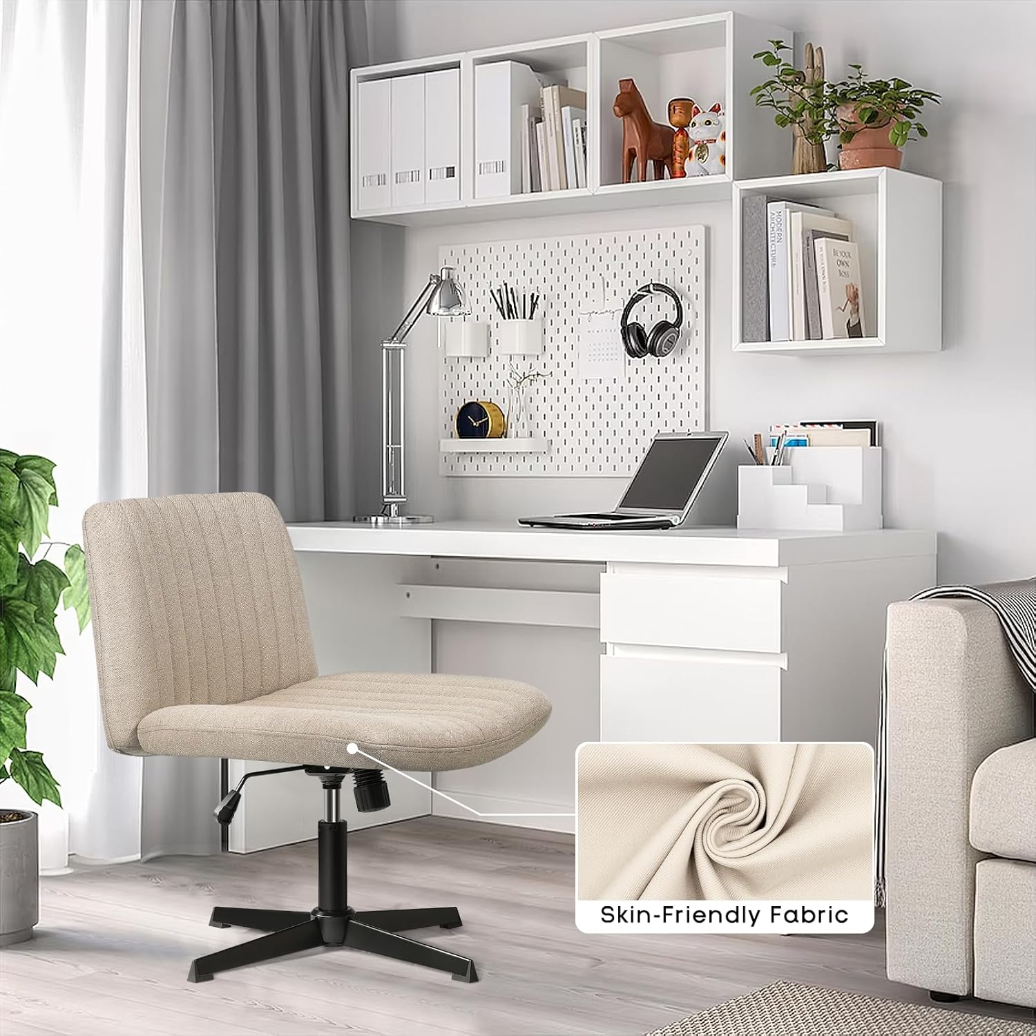 PUKAMI Criss Cross Chair,Comfy Cross Legged Office Desk Chair No Wheels,Cute Makeup Vanity Chair,Fabric Modern Swivel Height Adjustable Mid Back Wide Seat Computer Task Chair for Home Office(Beige) - Grand Goldman