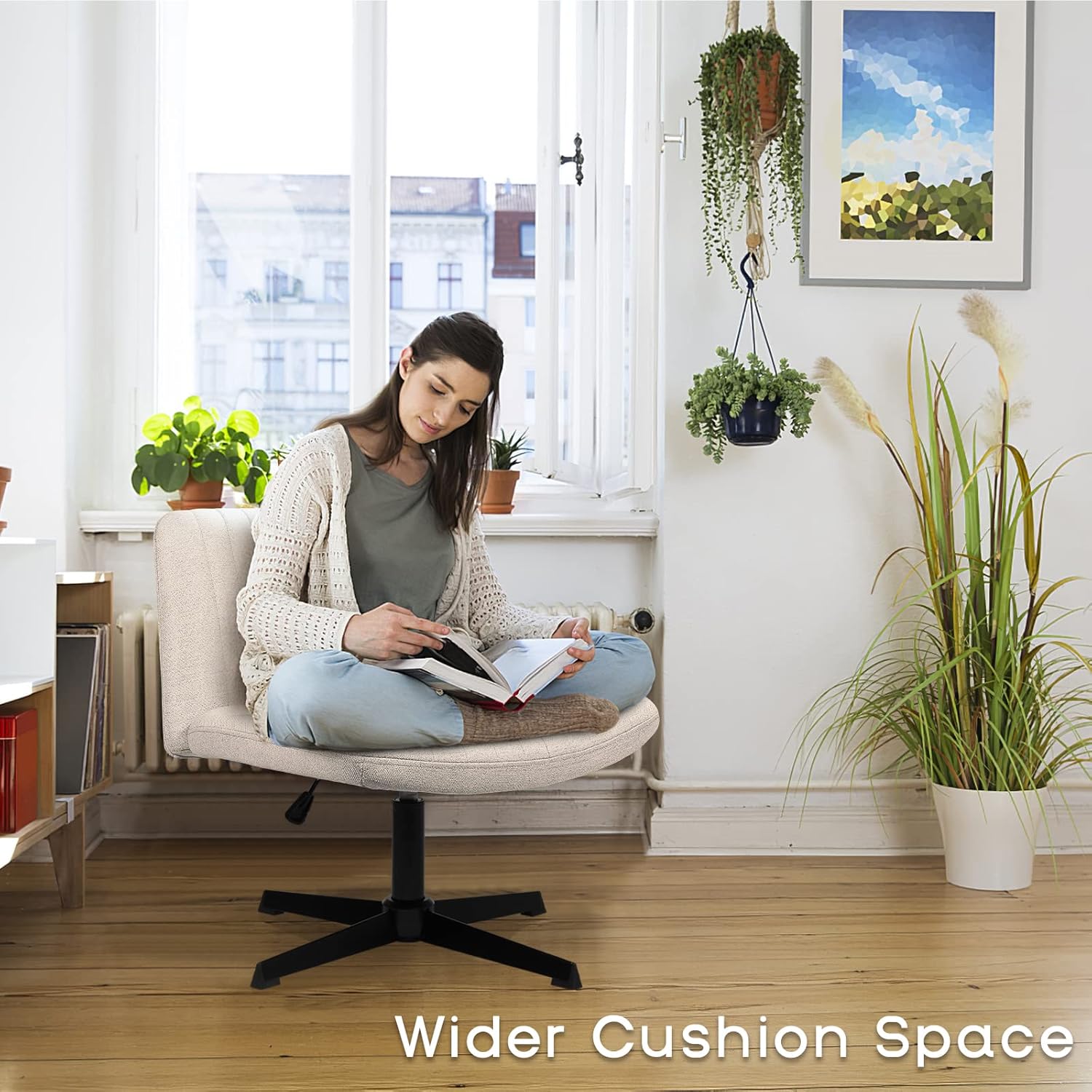 PUKAMI Criss Cross Chair,Comfy Cross Legged Office Desk Chair No Wheels,Cute Makeup Vanity Chair,Fabric Modern Swivel Height Adjustable Mid Back Wide Seat Computer Task Chair for Home Office(Beige) - Grand Goldman