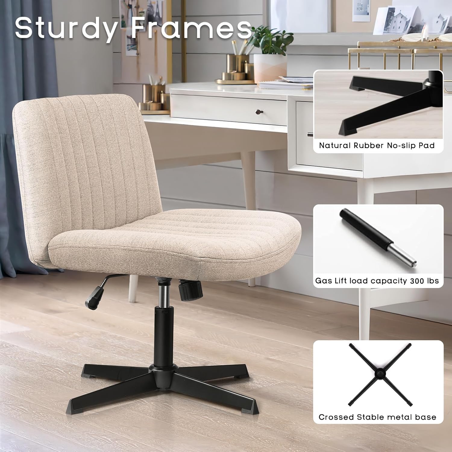 PUKAMI Criss Cross Chair,Comfy Cross Legged Office Desk Chair No Wheels,Cute Makeup Vanity Chair,Fabric Modern Swivel Height Adjustable Mid Back Wide Seat Computer Task Chair for Home Office(Beige) - Grand Goldman