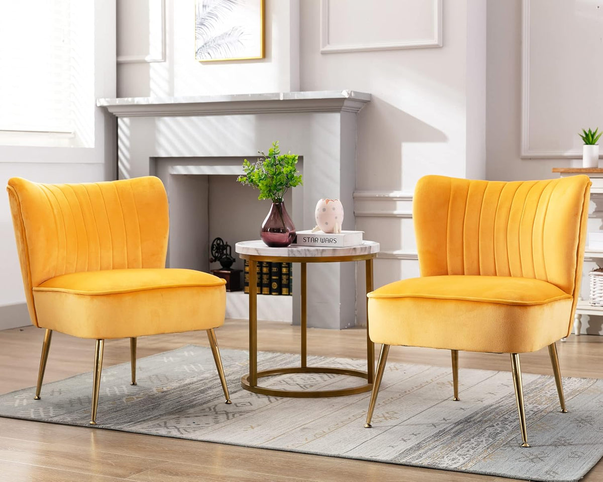 PU Leather Accent Chair Set of 2 Comfy Living Room Chair Armless Slipper Chair Mid Century Side Chair Single Sofa Chair with Golden Legs Wingback for Bedroom Guest Room- Brown - Grand Goldman
