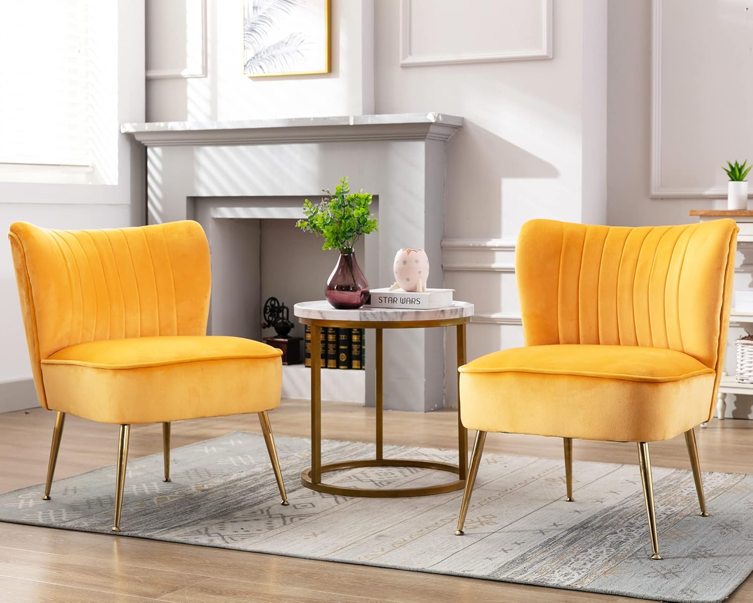 PU Leather Accent Chair Set of 2 Comfy Living Room Chair Armless Slipper Chair Mid Century Side Chair Single Sofa Chair with Golden Legs Wingback for Bedroom Guest Room- Brown - Grand Goldman