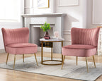 PU Leather Accent Chair Set of 2 Comfy Living Room Chair Armless Slipper Chair Mid Century Side Chair Single Sofa Chair with Golden Legs Wingback for Bedroom Guest Room- Brown - Grand Goldman