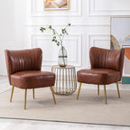 PU Leather Accent Chair Set of 2 Comfy Living Room Chair Armless Slipper Chair Mid Century Side Chair Single Sofa Chair with Golden Legs Wingback for Bedroom Guest Room- Brown - Grand Goldman