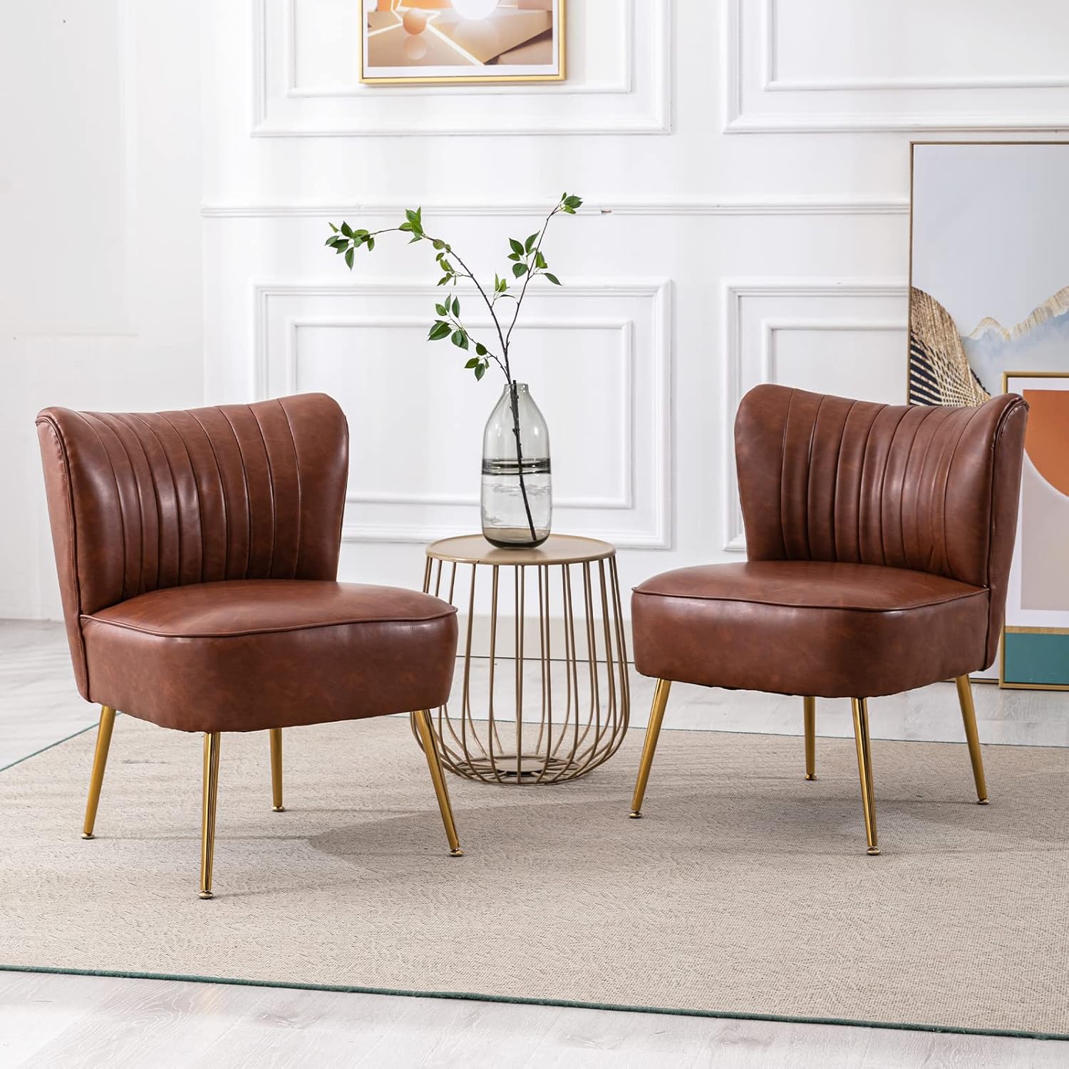 PU Leather Accent Chair Set of 2 Comfy Living Room Chair Armless Slipper Chair Mid Century Side Chair Single Sofa Chair with Golden Legs Wingback for Bedroom Guest Room- Brown - Grand Goldman