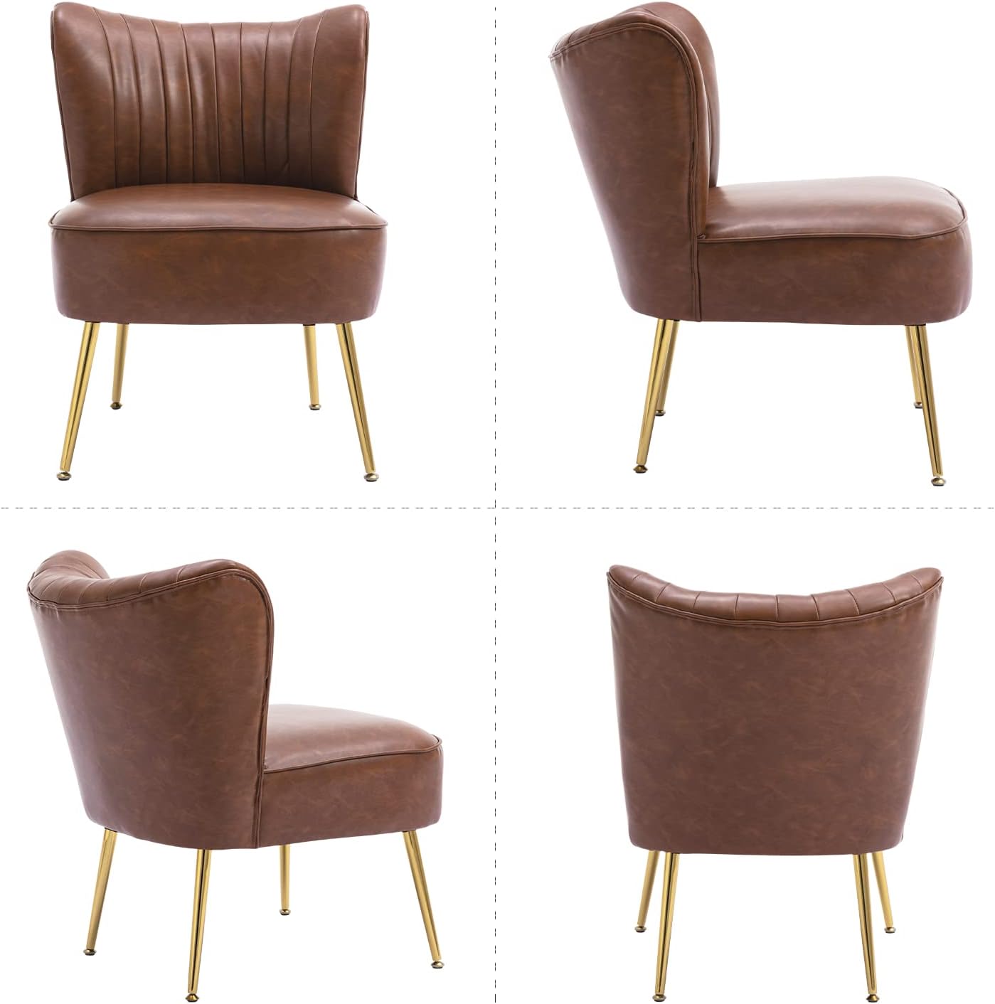 PU Leather Accent Chair Set of 2 Comfy Living Room Chair Armless Slipper Chair Mid Century Side Chair Single Sofa Chair with Golden Legs Wingback for Bedroom Guest Room- Brown - Grand Goldman