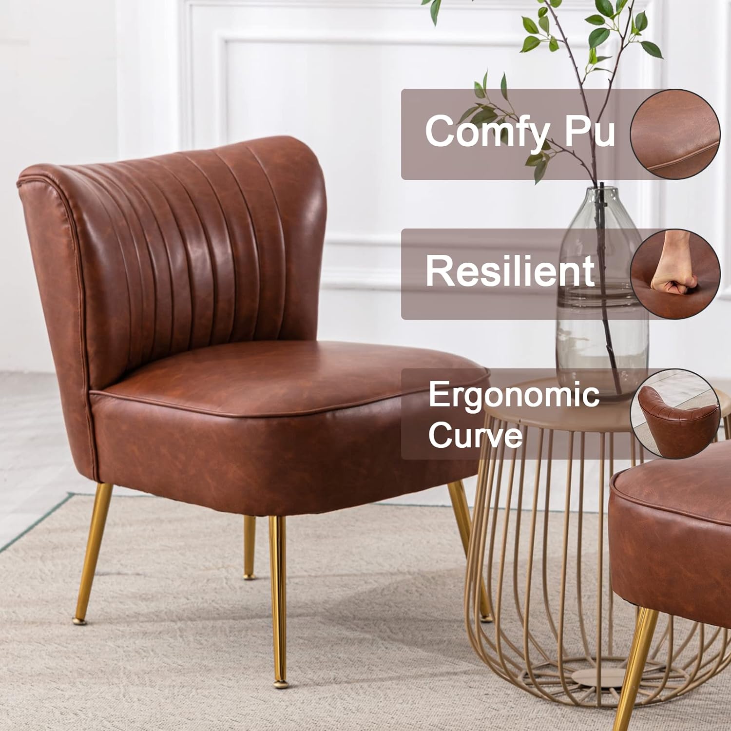 PU Leather Accent Chair Set of 2 Comfy Living Room Chair Armless Slipper Chair Mid Century Side Chair Single Sofa Chair with Golden Legs Wingback for Bedroom Guest Room- Brown - Grand Goldman