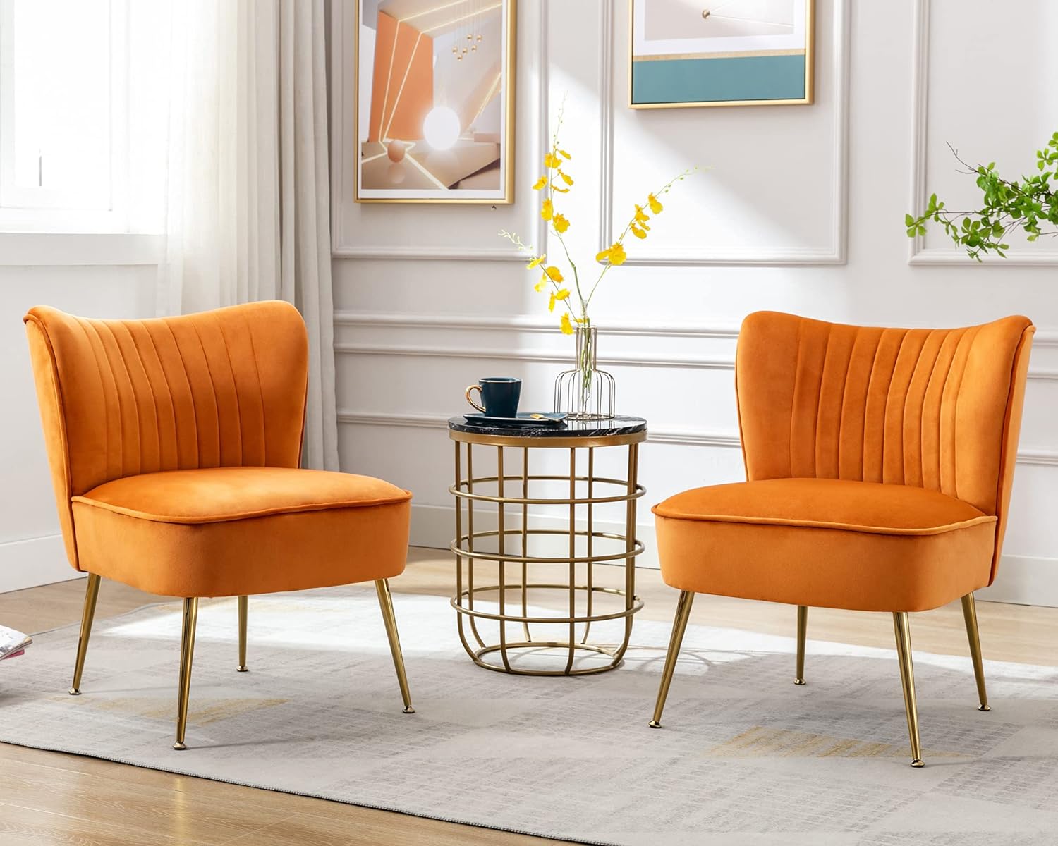 PU Leather Accent Chair Set of 2 Comfy Living Room Chair Armless Slipper Chair Mid Century Side Chair Single Sofa Chair with Golden Legs Wingback for Bedroom Guest Room- Brown - Grand Goldman