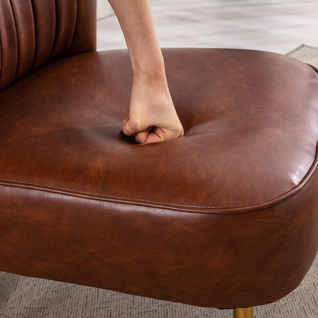 PU Leather Accent Chair Set of 2 Comfy Living Room Chair Armless Slipper Chair Mid Century Side Chair Single Sofa Chair with Golden Legs Wingback for Bedroom Guest Room- Brown - Grand Goldman