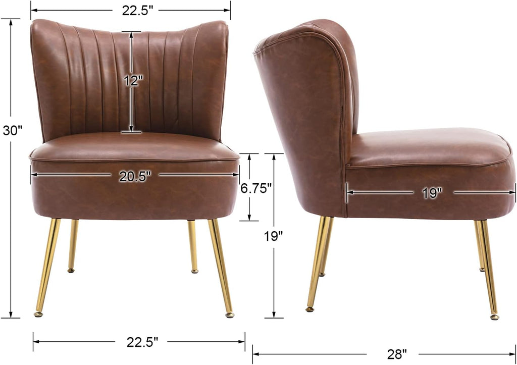 PU Leather Accent Chair Set of 2 Comfy Living Room Chair Armless Slipper Chair Mid Century Side Chair Single Sofa Chair with Golden Legs Wingback for Bedroom Guest Room- Brown - Grand Goldman