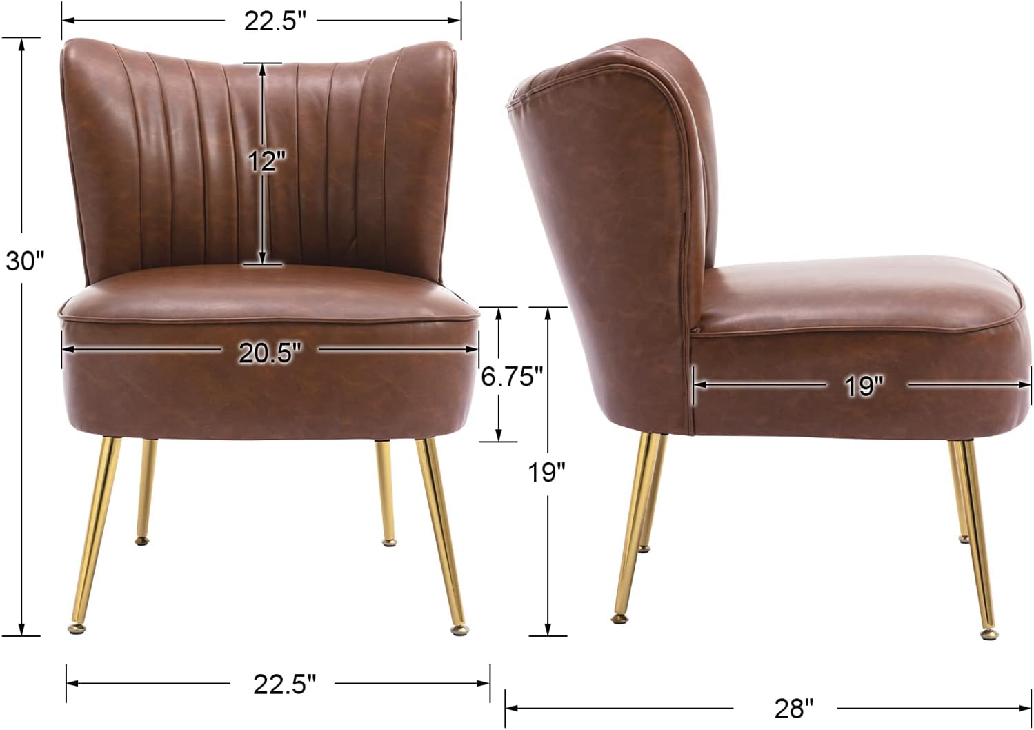 PU Leather Accent Chair Set of 2 Comfy Living Room Chair Armless Slipper Chair Mid Century Side Chair Single Sofa Chair with Golden Legs Wingback for Bedroom Guest Room- Brown - Grand Goldman