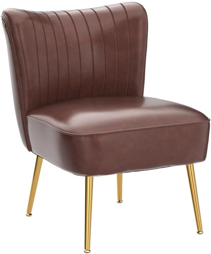 PU Leather Accent Chair Set of 2 Comfy Living Room Chair Armless Slipper Chair Mid Century Side Chair Single Sofa Chair with Golden Legs Wingback for Bedroom Guest Room- Brown - Grand Goldman