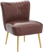 PU Leather Accent Chair Set of 2 Comfy Living Room Chair Armless Slipper Chair Mid Century Side Chair Single Sofa Chair with Golden Legs Wingback for Bedroom Guest Room- Brown - Grand Goldman