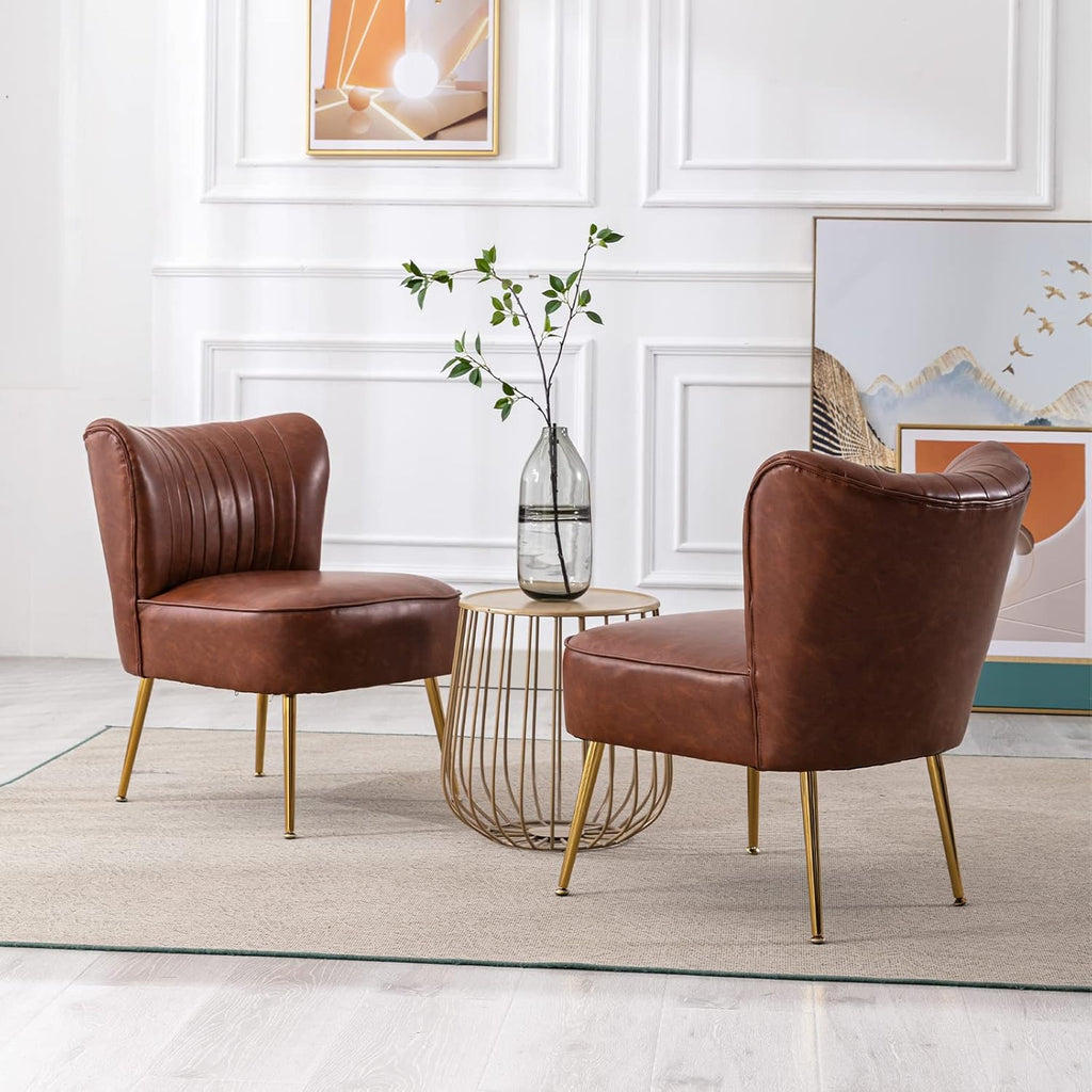 PU Leather Accent Chair Set of 2 Comfy Living Room Chair Armless Slipper Chair Mid Century Side Chair Single Sofa Chair with Golden Legs Wingback for Bedroom Guest Room- Brown - Grand Goldman