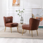 PU Leather Accent Chair Set of 2 Comfy Living Room Chair Armless Slipper Chair Mid Century Side Chair Single Sofa Chair with Golden Legs Wingback for Bedroom Guest Room- Brown - Grand Goldman